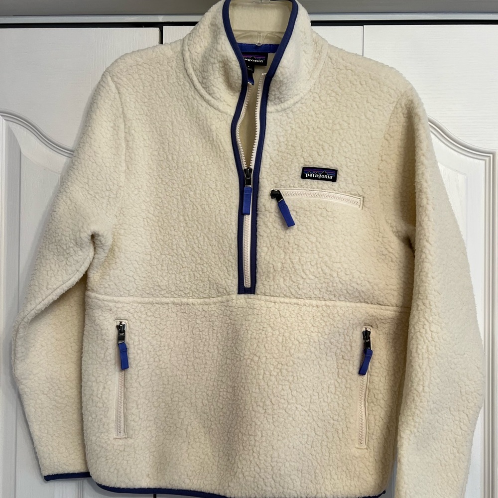 Patagonia Fleece Hoodie in Cream and Blue